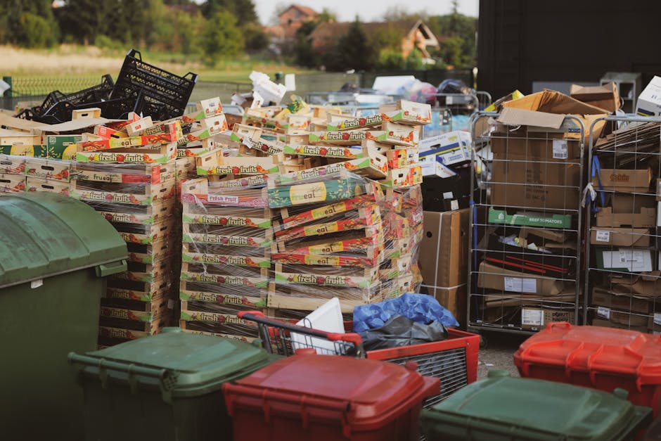 The image displays an outdoor area filled with various waste and recyclable materials suitable for rubbish removal services. In the foreground, there are large green and red wheelie bins with closed lids, positioned on a paved surface. Behind these bins, numerous stacks of cardboard fruit and vegetable crates, primarily used for packaging fresh produce, are visible; these crates are predominantly light brown with some colored labels and printed text, stacked in a slightly disorganized manner. To the right, there are metal wire cages and shelving units filled with additional cardboard boxes, some sealed with tape, along with other packaging materials and plastic containers. There is also a blue plastic bag lying on the ground among the waste. The background shows a rural or suburban environment with parts of houses, trees, and a grassy area, indicating the scene is set outside a residential property or storage space. The overall scene highlights materials that could be addressed through private rubbish collection or on-site clearance services, such as those provided by Rubbish Removal St Johns Wood, ensuring proper disposal of cardboard, packaging, and miscellaneous waste in a clean, organized manner.